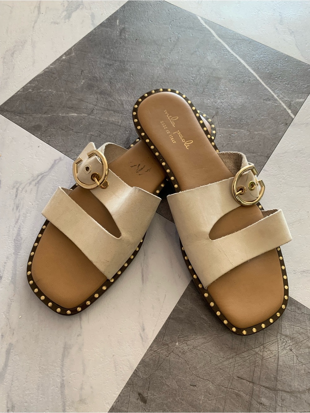 Mila Paoli Cream Double-Strap Slide Sandals with Gold Buckle